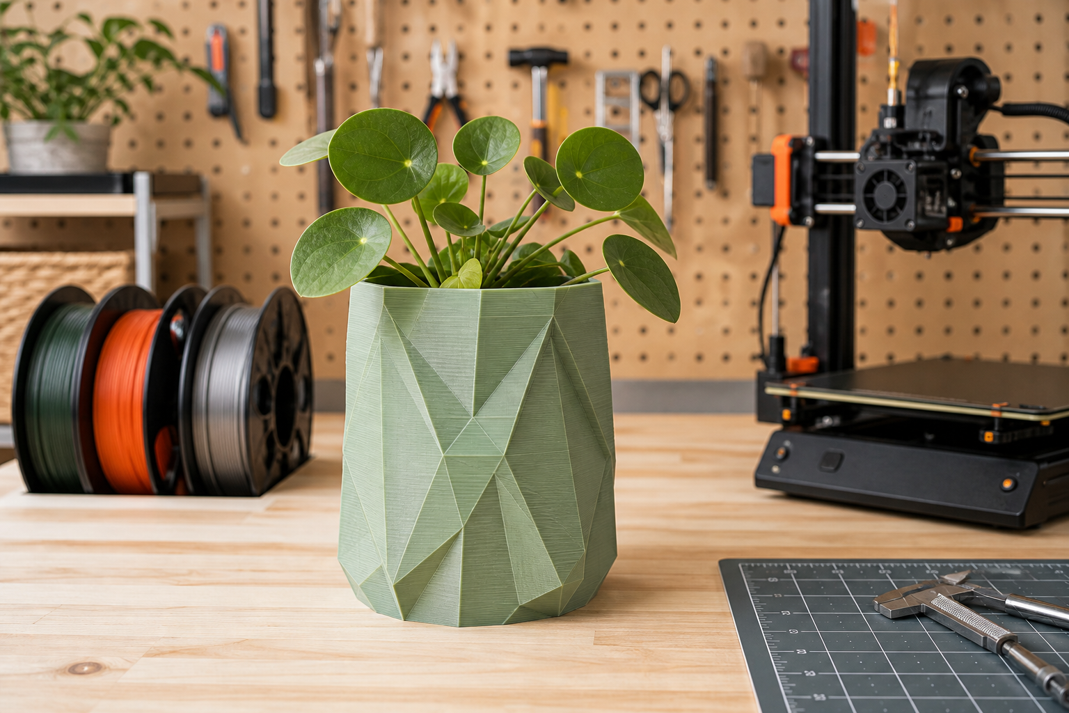 A green 3D-printed planter in a welcoming maker workshop